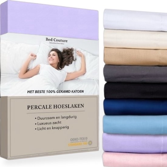 Bed Couture - Hoeslaken en percale 100% Katoen tissage impérial de haute qualité - Double 180x200cm - Hauteur d'angle 30cm - Ultra doux et souple - Lavande