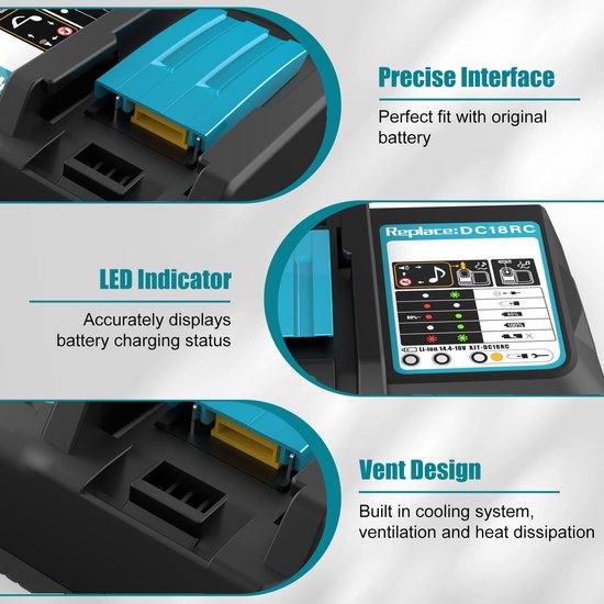 Geschikt voor DC18RC 3A-lader voor Makita 18V-lader, compatibel met Makita 14,4V-18V-accu BL1850B BL1850 BL1840 BL1830 BL1820 BL1415N BL1430 van Merkloos	 — afbeelding 4