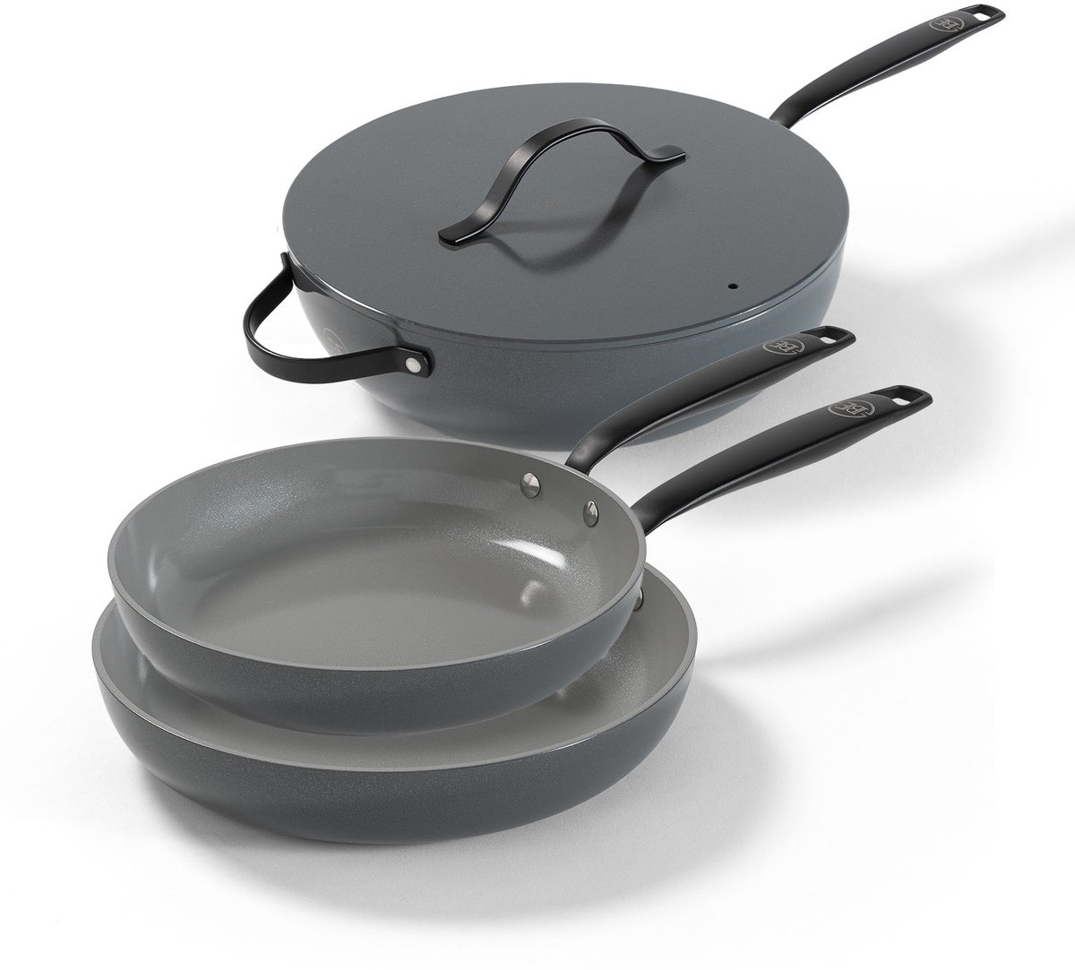 BE Living 3-delige Pannenset - Ø 24 & 28 cm Koekenpan + Ø 30 cm Wokpan - Bakpan - Keramisch - PFAS Vrij Anti Aanbak - Inductie Pannen - Grijs - Essential Series