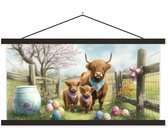Posterhanger incl. Poster 90x45 cm - Schoolplaat - Schotsehooglanders - Paaseieren - Lente - Textielposter - Zwarte latten