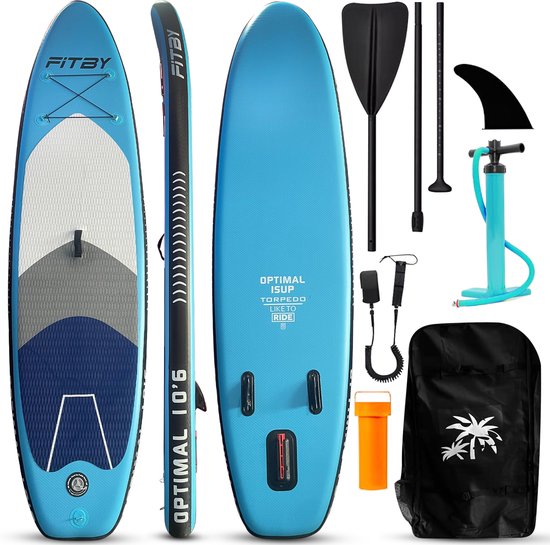 Fitby Supboard - Sup Board - Surfboard - Paddle board - Opblaasbaar - Verstelbare Peddel - Pomp - Draagtas - Max 150kg - 320X80cm - Blauw