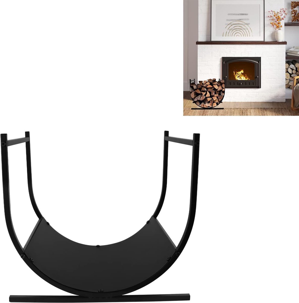 Aufun U-Vormige Brandhoutmand, Grote Brandhoutmand, Moderne Brandhoutmand, Houten Haardwieg, Metalen Brandhoutmand, 45X38X40Cm, Zwart