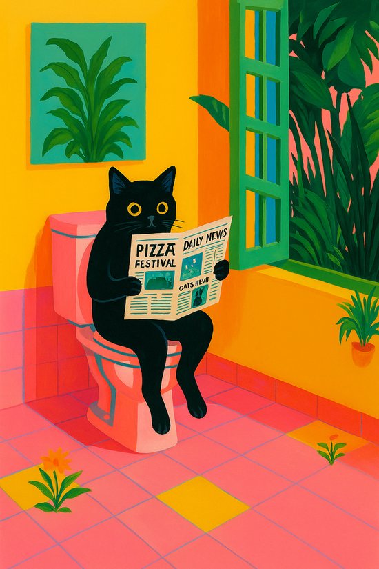 Een zwarte kat zit op een roze toilet en leest de krant met koppen 'PIZZA FESTIVAL' en 'DAILY NEWS CATS HEVII'.