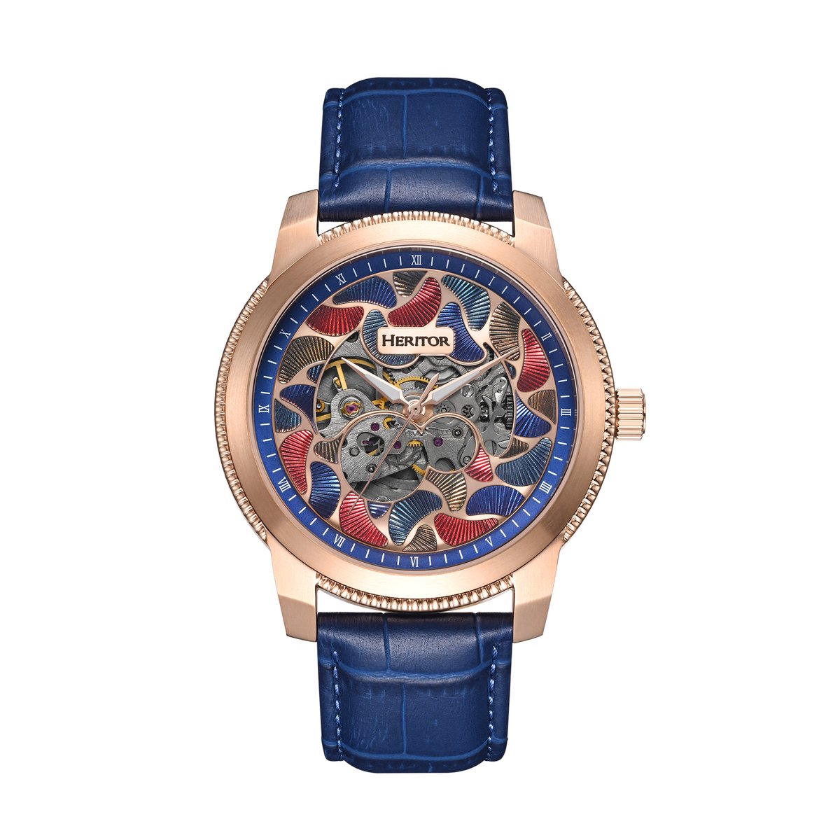 Heritor Automatic Emmanuel Semi-Skelet leren band horloge - Roségoud-Blauw