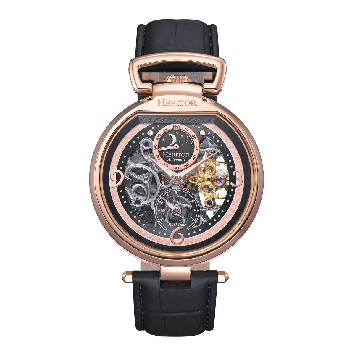 Heritor Automatic Lincoln leren band skelethorloge met maanfase - roségoud