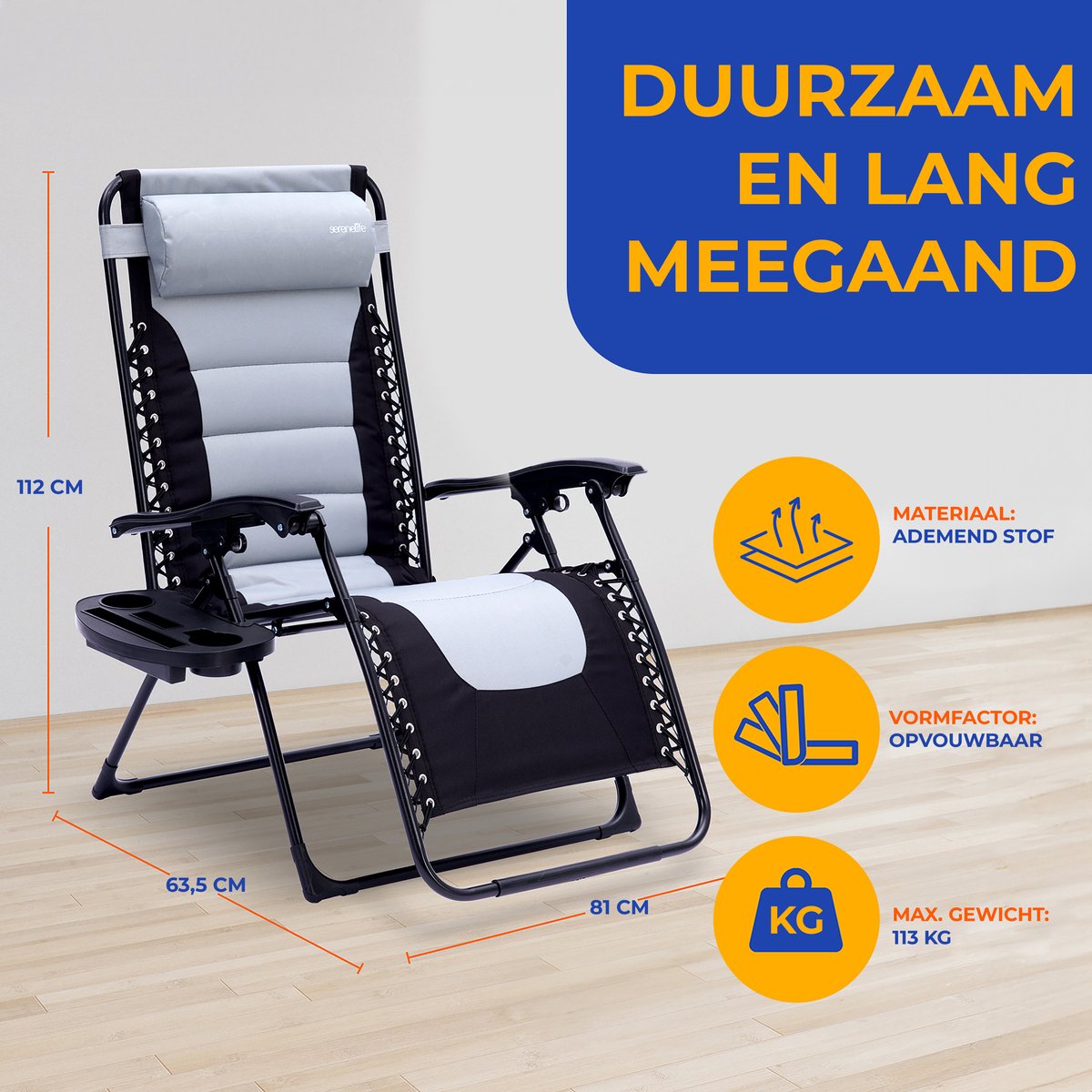 SereneLife Ligstoel – Verstelbare Tuinstoel met Kussen – Opvouwbare Relaxstoel - Stalen Frame met Textilene thumbnail 7