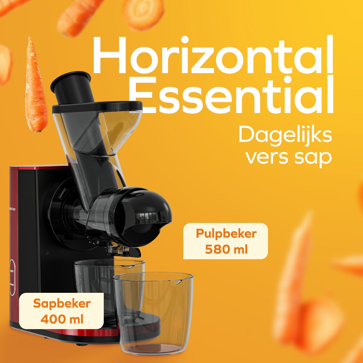 KitchenBrothers Slowjuicer - Sapcentrifuge - Juicer - Groenten en Fruitpers - 43 mm en 60 mm invoer - 400 ml - Rood thumbnail 3