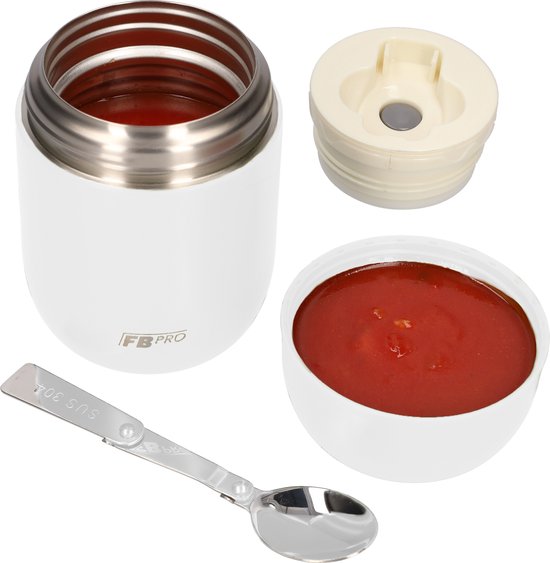 Witte FB Pro voedselcontainer met een roodachtig product erin, een losse witte deksel met een magnetische sluiting en een uitklapbare lepel.