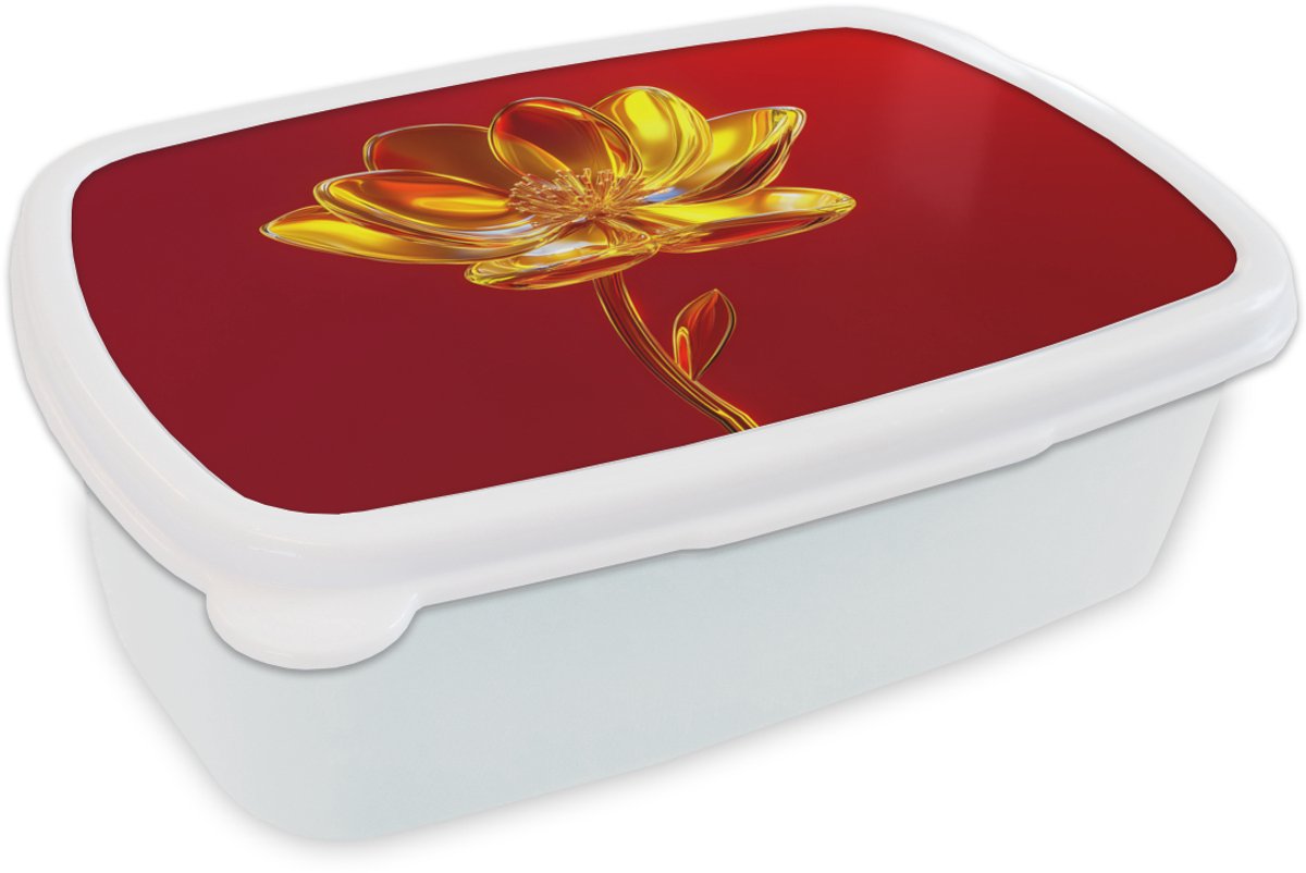 Broodtrommel Wit - Lunchbox Bloem - Goud - Glazen - Brooddoos 18x12x6 cm - Brood lunch box - Broodtrommels voor kinderen en volwassenen