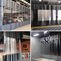 Industriële afdelingen met transparante PVC gordijnen, waaronder een wasstraat.