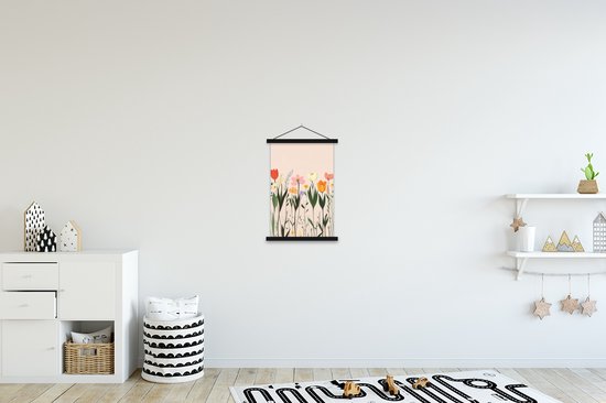 Posterhanger incl. Poster 40x60 cm - Schoolplaat - Pasteltinten - Bloemen - Illustratie - Textielposter - Zwarte latten