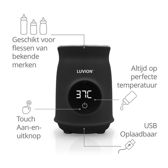 LUVION® Ultra Draagbare Flessenwarmer voor onderweg én thuis - Zwart - Geschikt voor o.a. Dr. Brown, Philips Avent, Difrax, Medela, Alvar Baby, NUK, MAM, Hegen, Wetoo en huismerk Kruidvat en Etos babyflessen - Draadloos je baby fles verwarmen