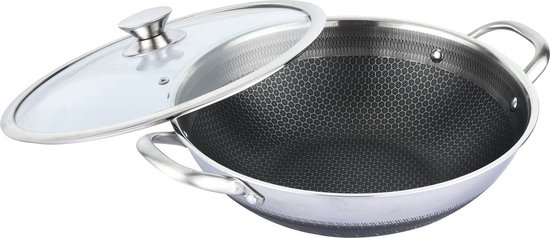 Babij Cooking Wokpan 40 cm – XXXL - Met Glazen Deksel – Honingraatstructuur – Marmeren Coating – Inductie geschikt - Honingraat - grote pan