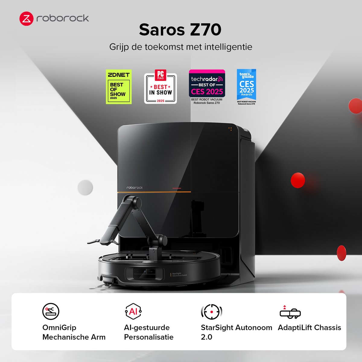 Roborock Saros Z70 – Robotstofzuiger en dweilrobot – Met OmniGrip-arm – 22.000 Pa – Aangedreven door AI – 7,98 cm ultradun – FlexiArm Riser – Tech AdaptiLift-chassis – Vermijdt obstakels – Multifunctioneel dock 4.0 — afbeelding 7