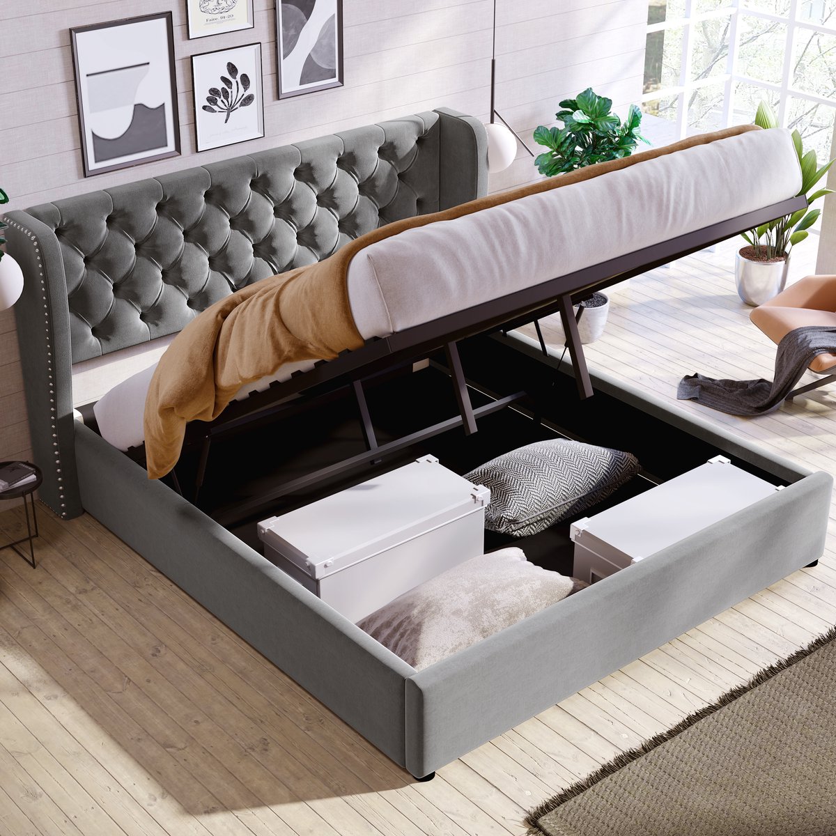 Merax 140 x 190 cm Orenvormig Gestoffeerd bed met veel opbergruimte - Tweepersoonsbed - opbergbed - Zonder matras - Grijs