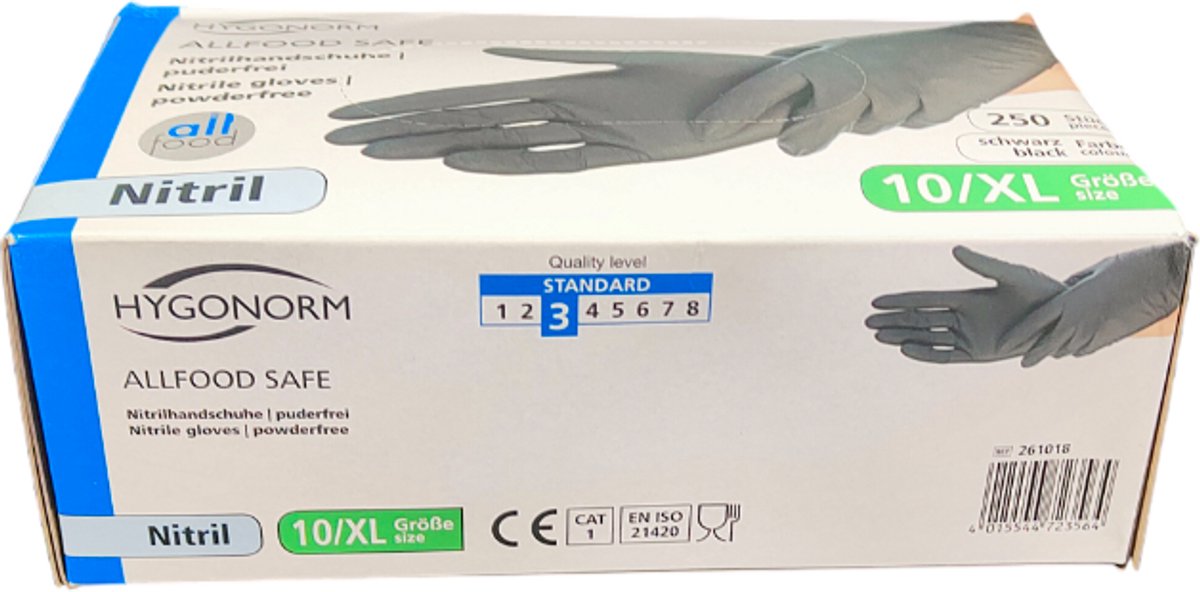 Hygonorm Nitril Handschoenen Maat XL – Zwart – 250 Stuks – Poedervrij – Allfood Safe – Wegwerphandschoenen voor Voedselverwerking en Hygiëne