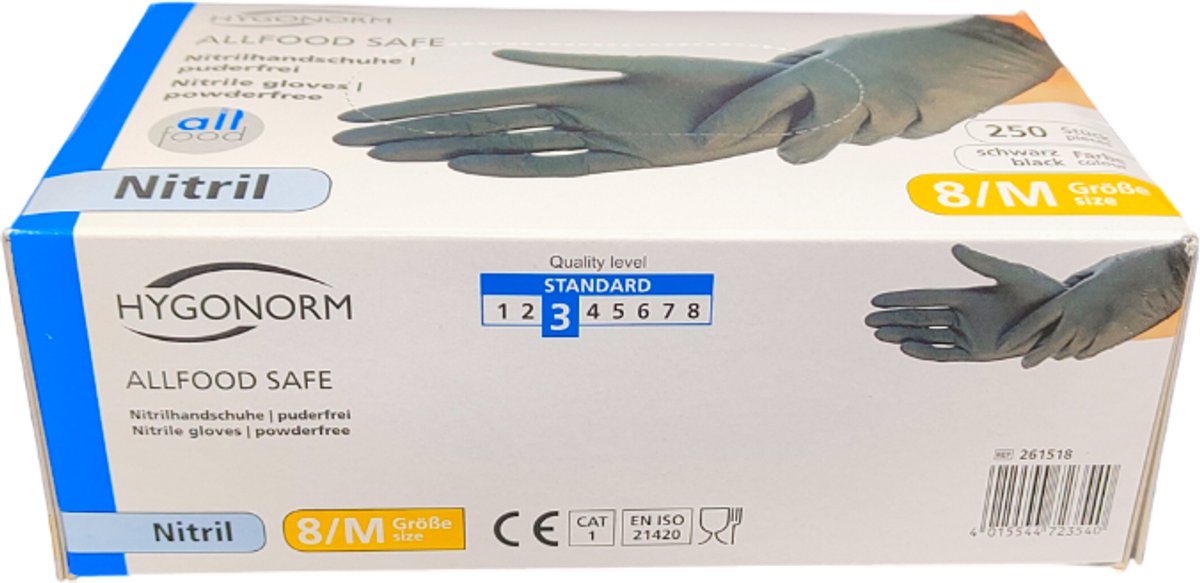 Hygonorm Nitril Handschoenen Maat M – Zwart – 250 Stuks – Poedervrij – Allfood Safe – Wegwerphandschoenen voor Voedselverwerking en Hygiëne