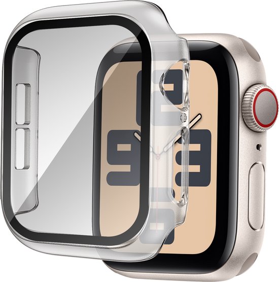 Transparant hoesje met screenprotector geplaatst over een Apple Watch 42mm met zilverkleurige kast.