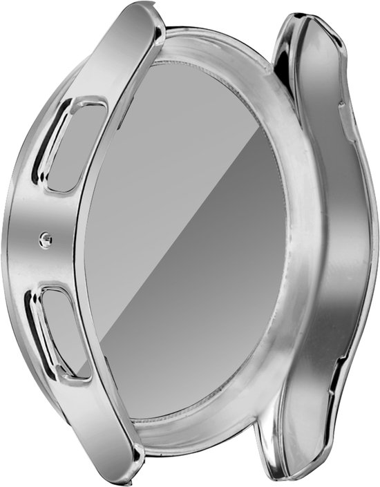 Zilverkleurig hoesje met open zijkanten voor een smartwatch.