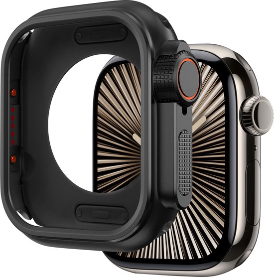 Zwarte metalen beschermhoes voor Apple Watch 46mm, losgekoppeld.