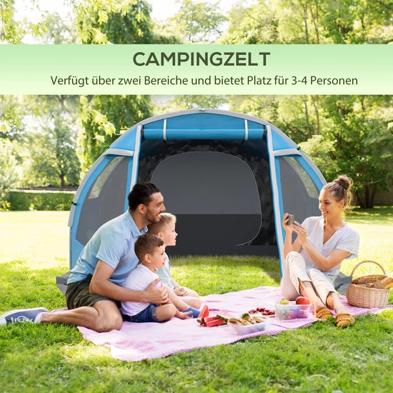 Tunneltent - Trekkingtent - Familietent 3-4 persoons - Kampeertent met 2 kamers - Weerbestendig - Blauw — afbeelding 2