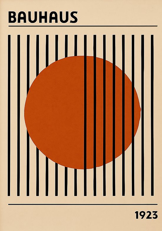 Bauhaus poster met een grote oranje cirkel achter zwarte verticale lijnen. Onderaan '1923'.