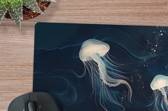 Muismat XXL 120x60 cm - Bureau onderlegger - Bureau mat Kwallen - Zee - Wit - Golven - Bureaumat - Gaming mousepad xl - Bureaulegger groot - Computer deskmat