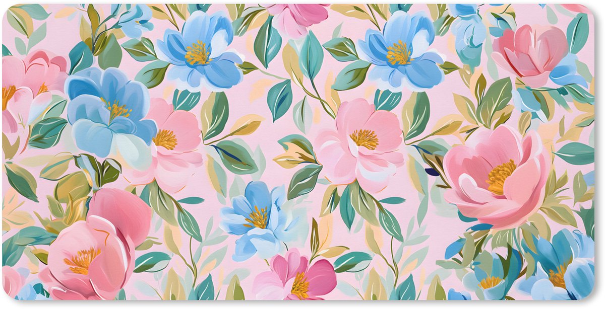 Muismat XXL 120x60 cm - Bureau onderlegger - Bureau mat Blauw - Roze - Bloemen - Bureaumat - Gaming mousepad xl - Bureaulegger groot - Computer deskmat