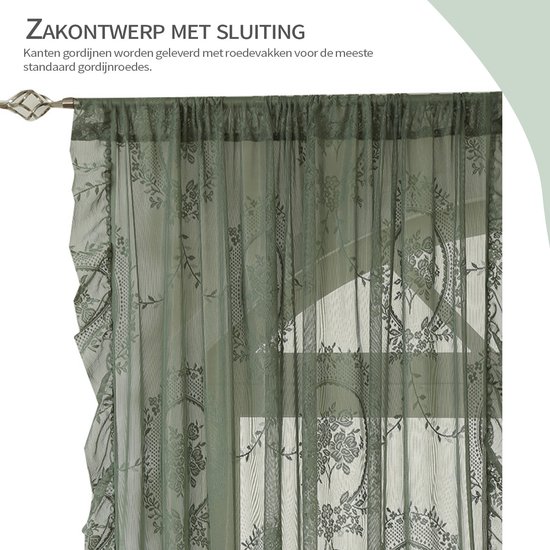 REFTTENW Set de 2 Rideaux Boho brodés en dentelle avec Rideaux Rebords, Rideaux transparents pour Cuisine, salon, couloir, style maison de campagne, vert sauge
