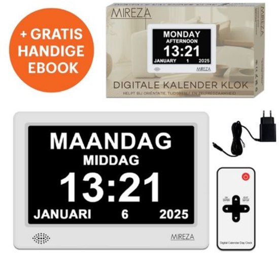 Digitale kalenderklok met afstandsbediening, oplader en gratis ebook. Datum en tijd worden getoond.