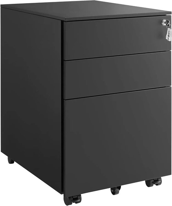 Zwarte archiefkast met drie lades op wieltjes, met een sleutel in het slot.