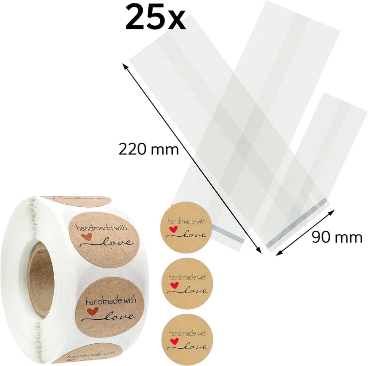 25x Uitdeelzakjes met Handmade with Love stickers | 220 x 90 mm | Traktatiezakjes | Kinderfeestje | Cellofaanzakjes | Cadeauzakjes | Snoepzakjes | Plastic Zakjes | Uitdeelzakjes kinderen | Cadeauzakjes Kinderen | Verpakkingszakjes Uitdeelcadeaus
