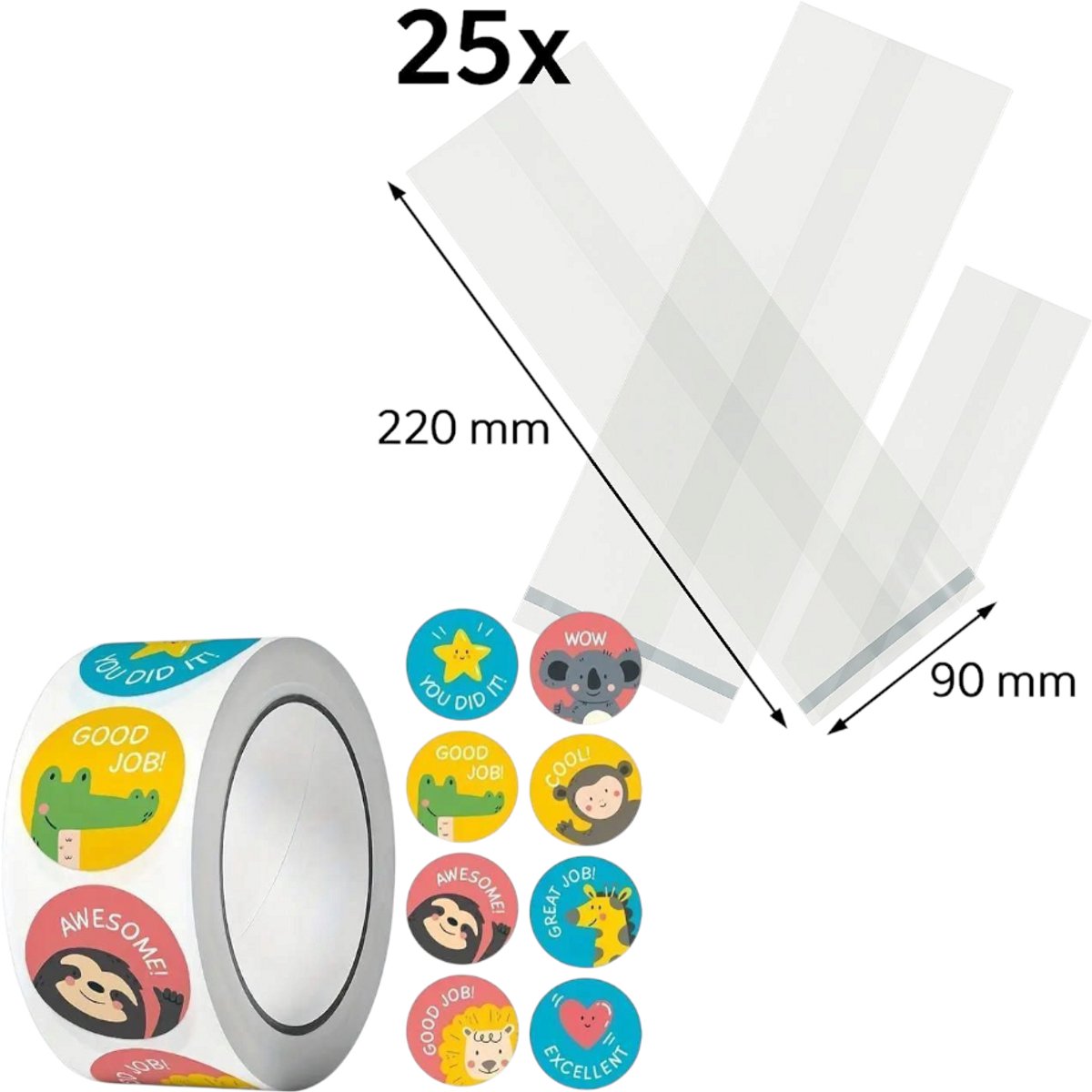 25x Uitdeelzakjes met Dieren stickers met tekst | 220 x 90 mm | Traktatiezakjes | Kinderfeestje | Cellofaanzakjes | Cadeauzakjes | Snoepzakjes | Plastic Zakjes | Uitdeelzakjes kinderen | Cadeauzakjes Kinderen | Verpakkingszakjes Uitdeelcadeaus