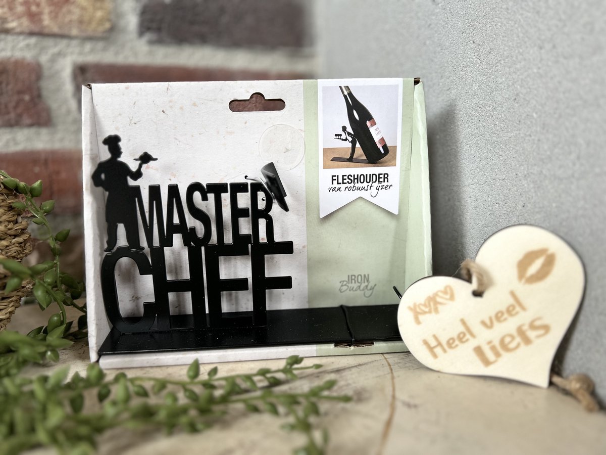 Creaties van Hier - Fleshouder met houten hartje - Wijn - Masterchef - 17,2x4,4x13,5 cm