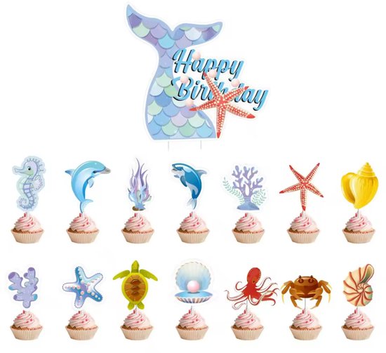 Vrolijke verjaardagstaarttopper met zeemeerminstaart, zeester, schelp, dolfijn, orka, zeepaardje, schildpad, kwal, octopus, krab, koraal en zeewier.