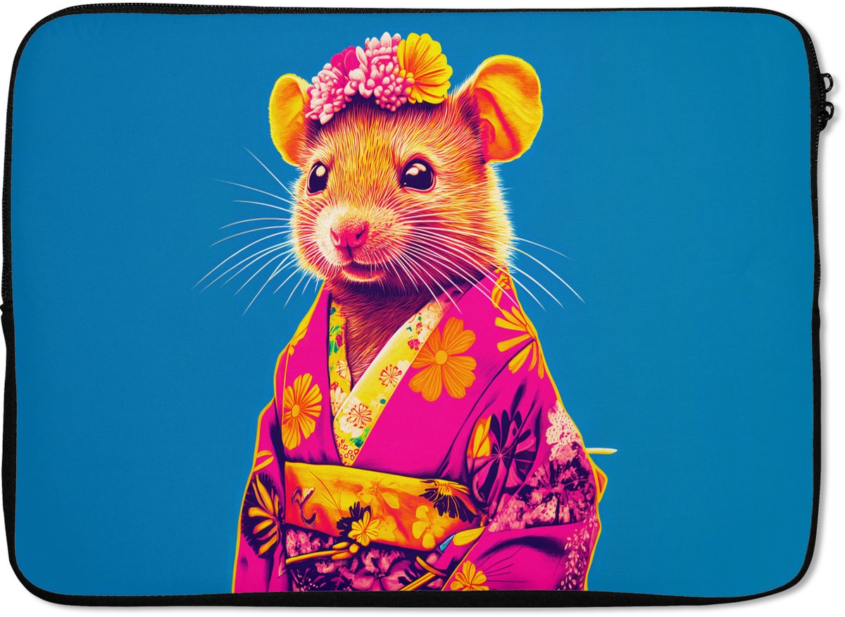 Laptophoes 14 inch - Muis - Kimono - Bloemen - Blauw - Laptop sleeve - Binnenmaat 33x23 cm - Zwarte achterkant