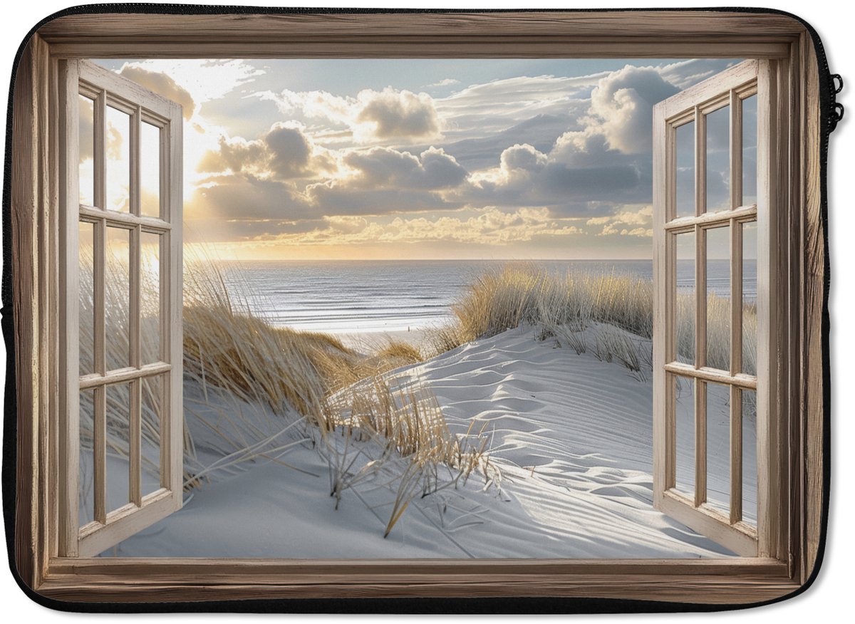 Laptophoes 14 inch - Doorkijk - Strand - Duinen - Zee - Natuur - Laptop sleeve - Binnenmaat 33x23 cm - Zwarte achterkant