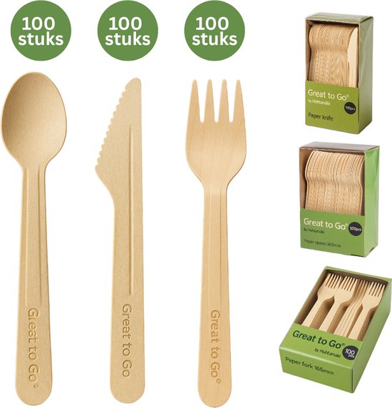 Great to Go® – Houten Wegwerp Bestek Set (100x Mes, 100x Vork, 100x Lepel) – 165 mm – Bestek Set voor Picknick, Bruiloft & Feest