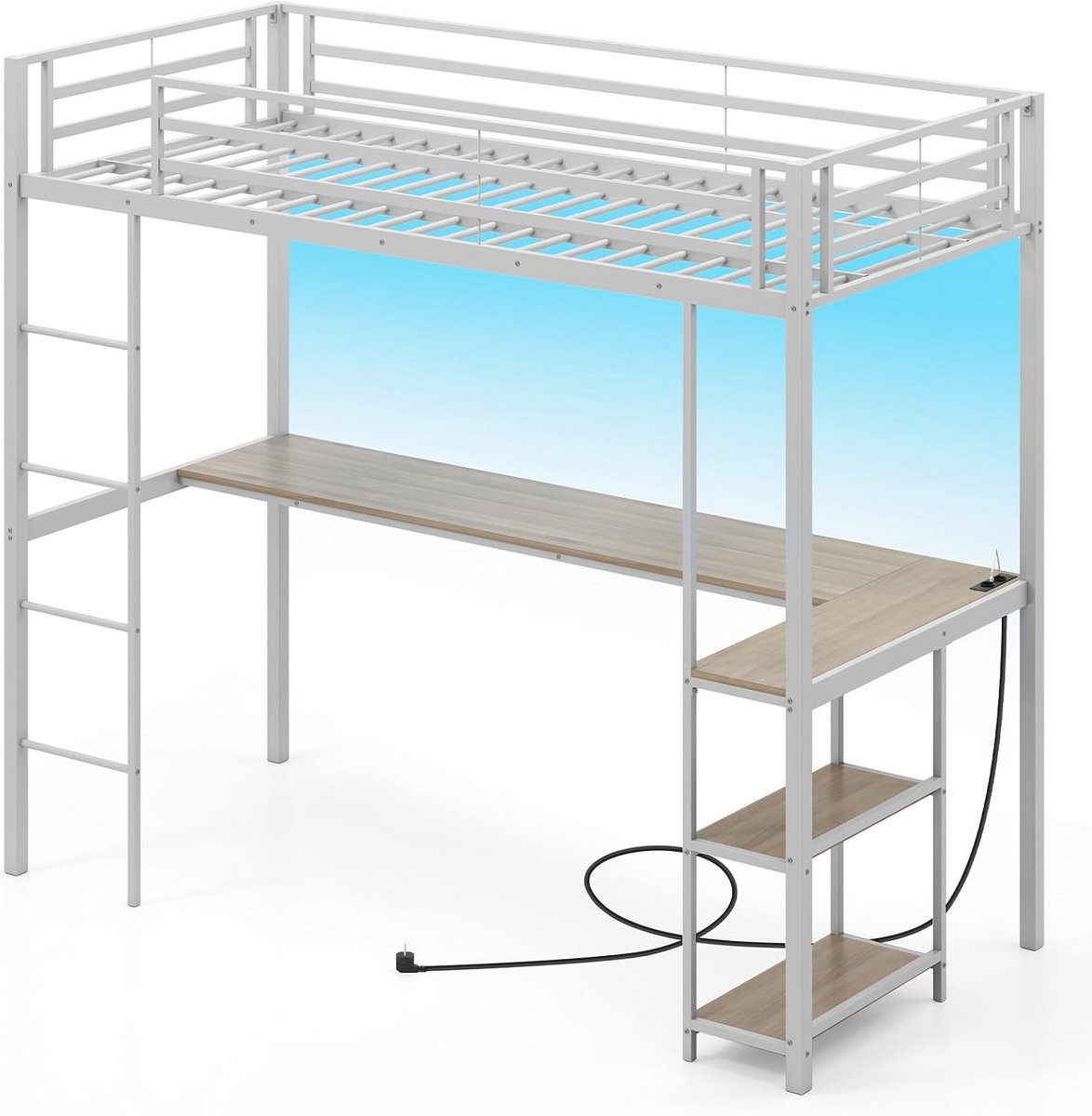 Hoogslaper 90 x 200 cm met Bureau en 3 Planken, Laadstation en LED-Verlichting voor Kinderen