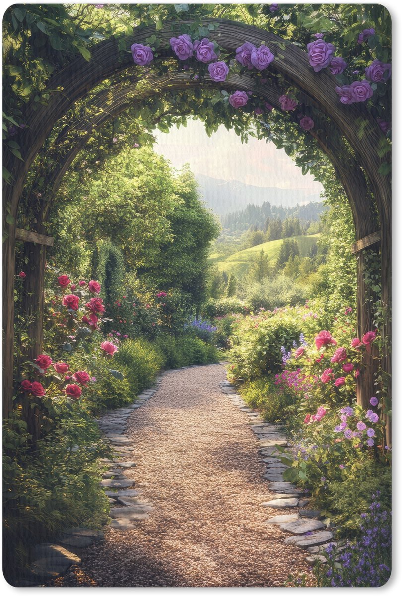 Muismat 18x27 cm - Mousepad Doorkijk - Landschap - Bloemen - Tuinboog - Natuur - Muismatten
