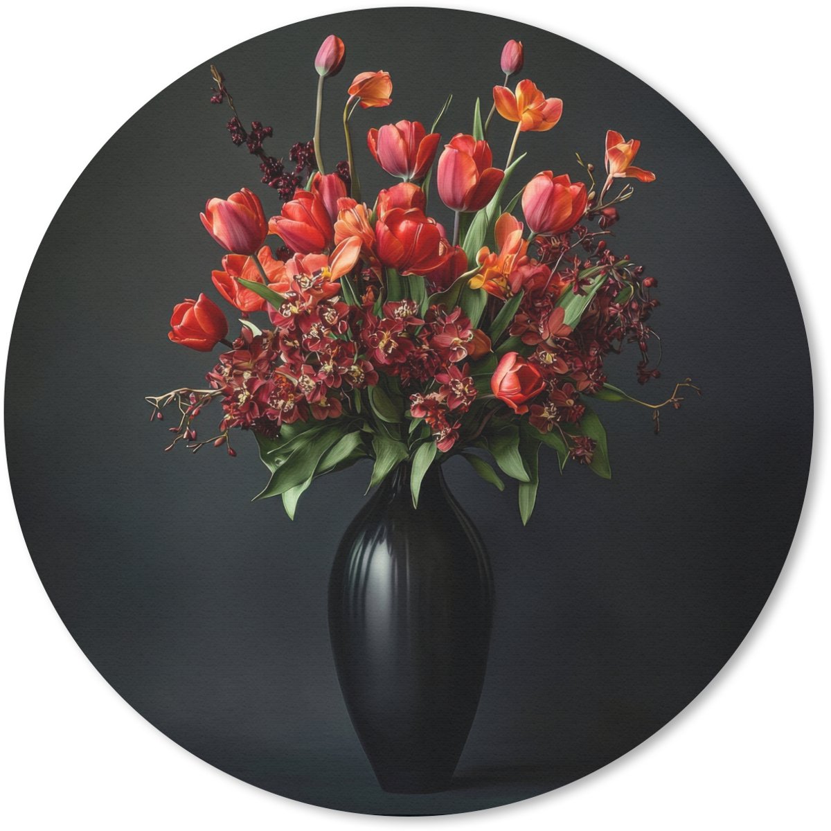 Muismat rond 30x30 cm - Mousepad Boeket - Tulpen - Vaas - Rood - Ronde muismatten