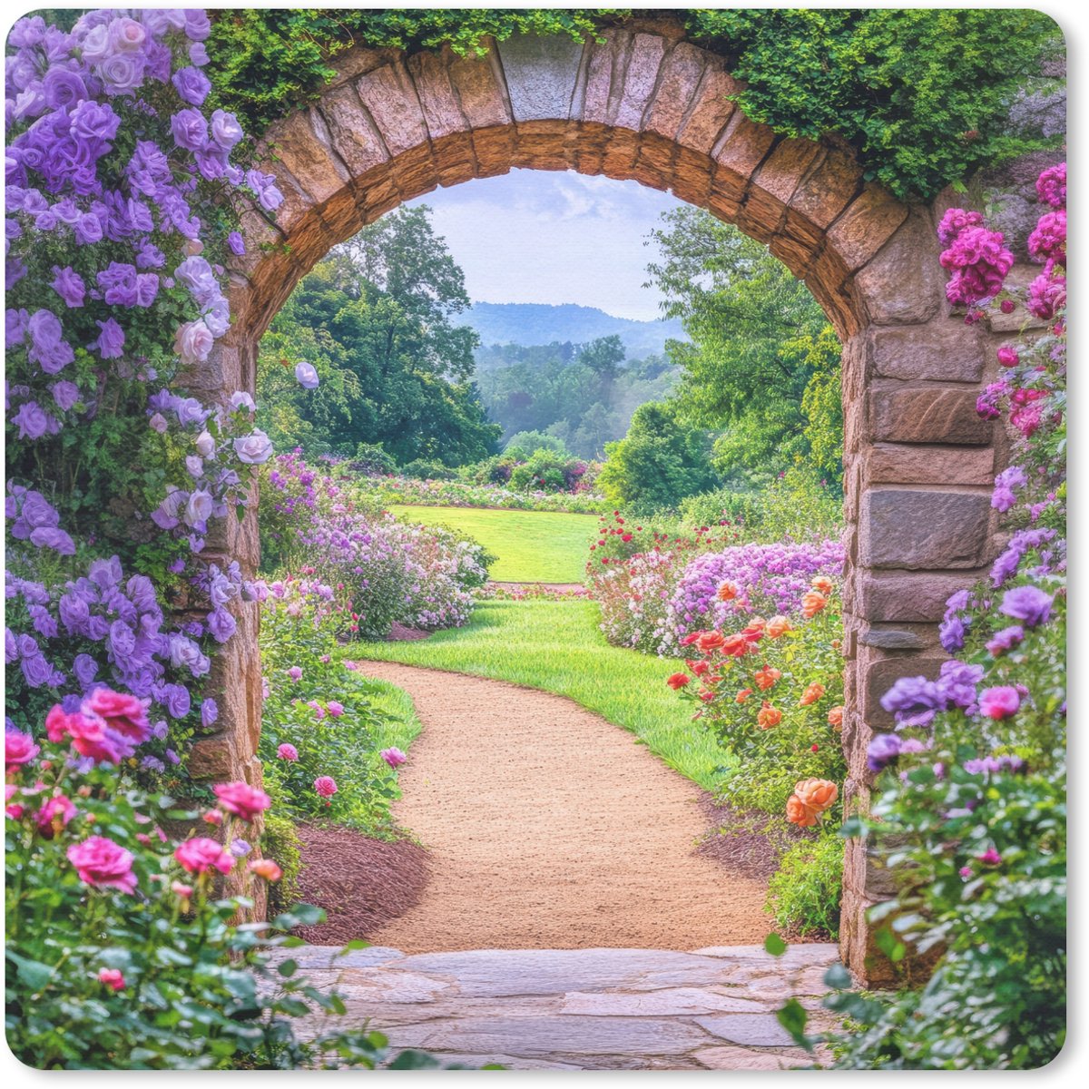 Muismat 20x20 cm - Mousepad Doorkijk - Poort - Bloemen - Tuin - Muismatten