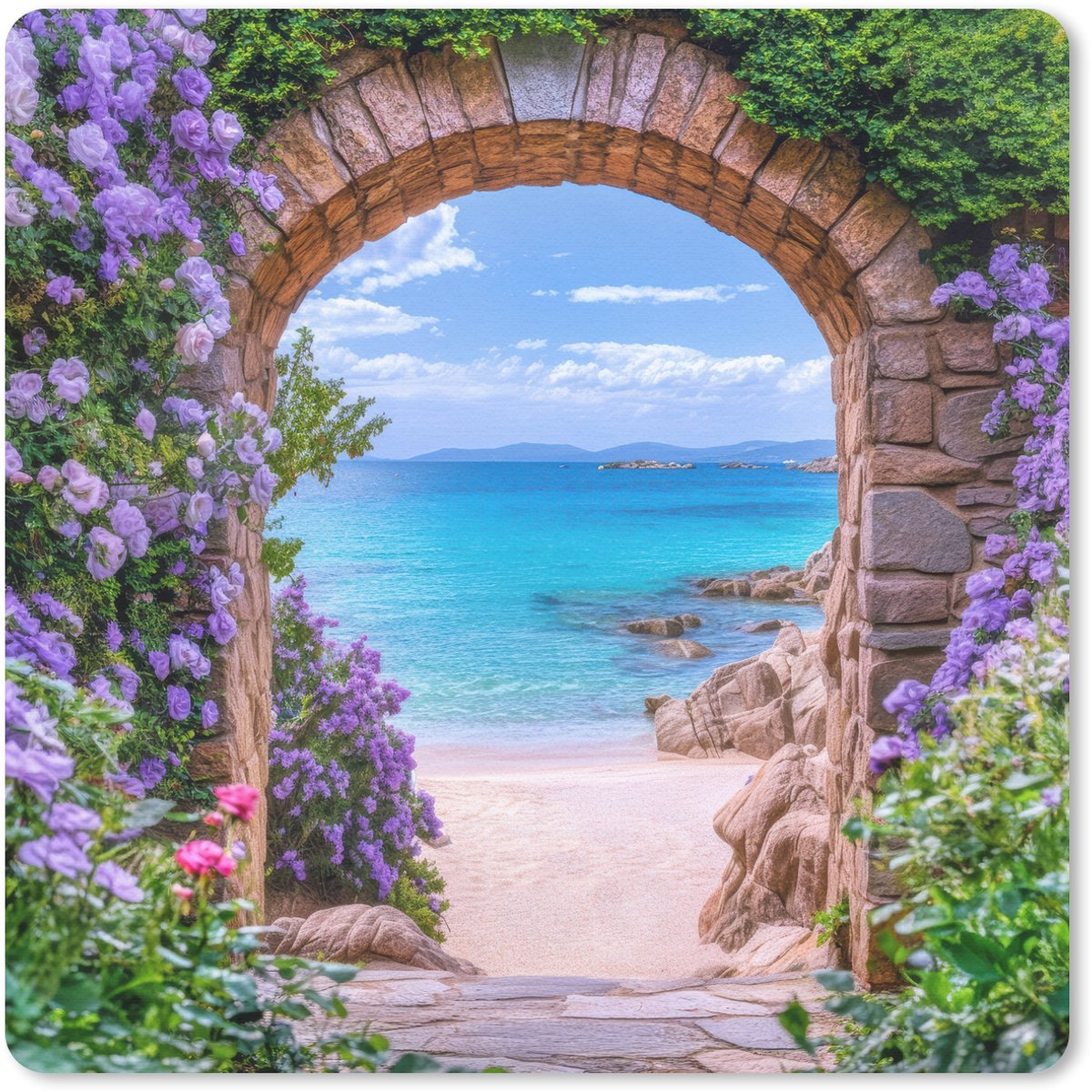 Muismat 30x30 cm - Mousepad Doorkijk - Poort - Zee - Strand - Rotsen - Muismatten