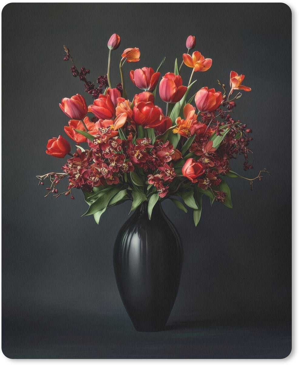 Muismat 19x23 cm - Mousepad Boeket - Tulpen - Vaas - Rood - Muismatten