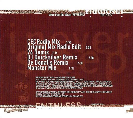 Achterkant van de Faithless "Insomnia" CD Maxi-Single met tracklijst en credits.