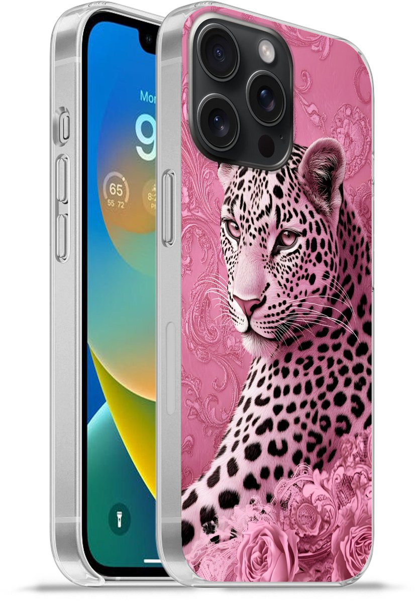 Telefoonhoesje Geschikt voor iPhone 15 Pro Max hoesje - Panter - Luxe - Roze - Siliconen Telefoonhoesje Telefoonhoesje