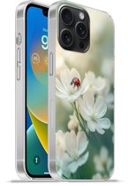 Telefoonhoesje Geschikt voor iPhone 15 Pro Max hoesje - Lieveheersbeestje - Bloemen - Wit - Siliconen Telefoonhoesje Telefoonhoesje