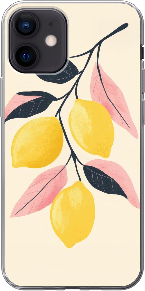 Telefoonhoesje Geschikt voor iPhone 12 hoesje - Citroenen - Felgeel - Tak - Bladeren - Siliconen Telefoonhoesje Telefoonhoesje