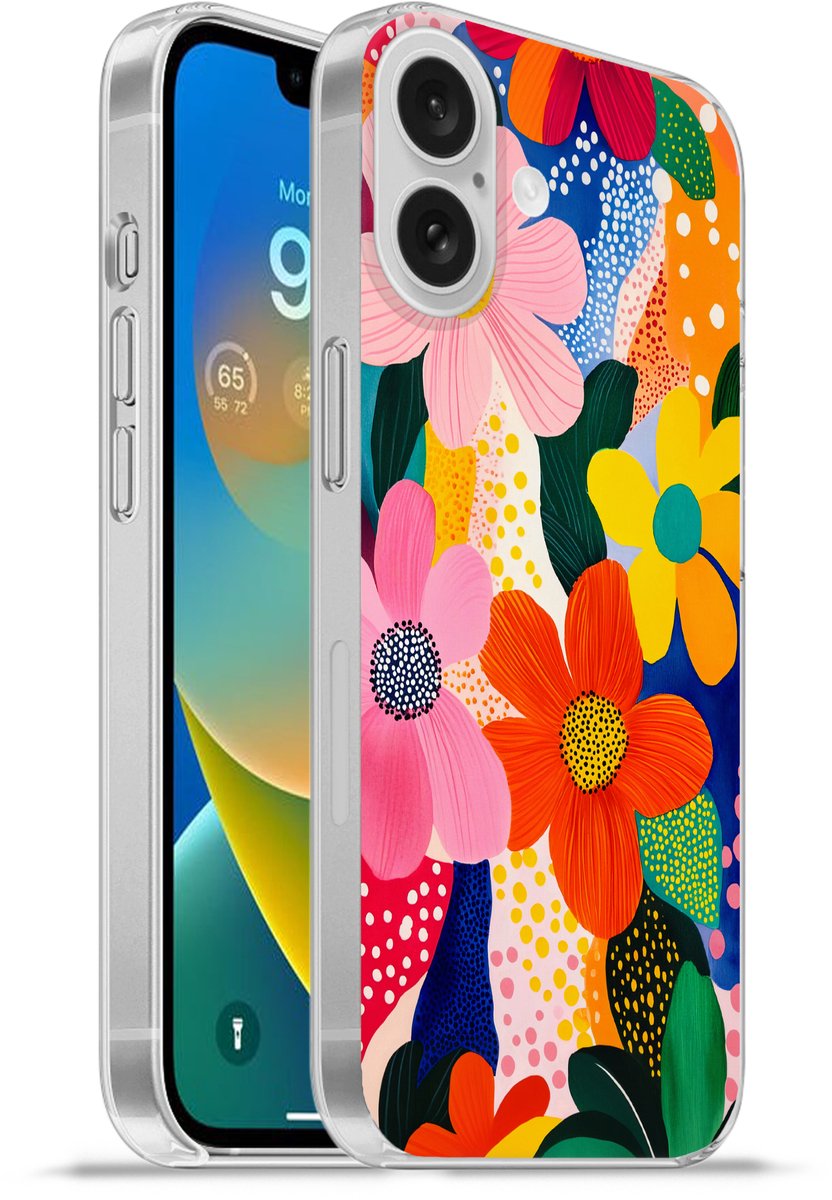 Telefoonhoesje Geschikt voor Apple Iphone 16 hoesje - Bloemen - Kleurrijk - Stippen - Siliconen Telefoonhoesje Telefoonhoesje