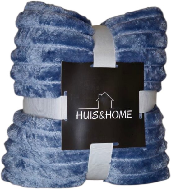 Huis&Home - Fleece deken - ribstof - luxe plaid XL - Bedsprei - ijsblauw - 180x200 cm